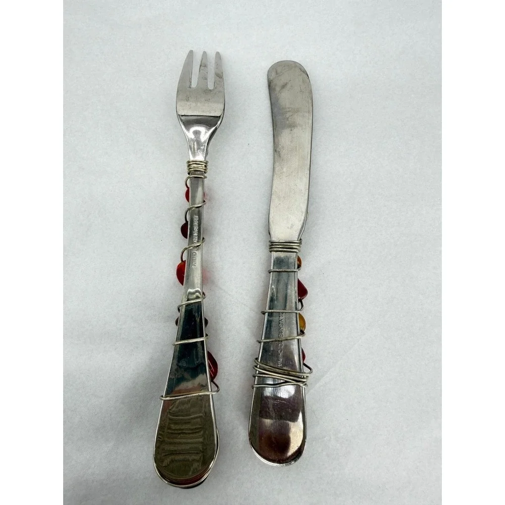 Wire Wrapped Beaded Fork & Knife Appetizer Flatware Set Red Elegant Tableware